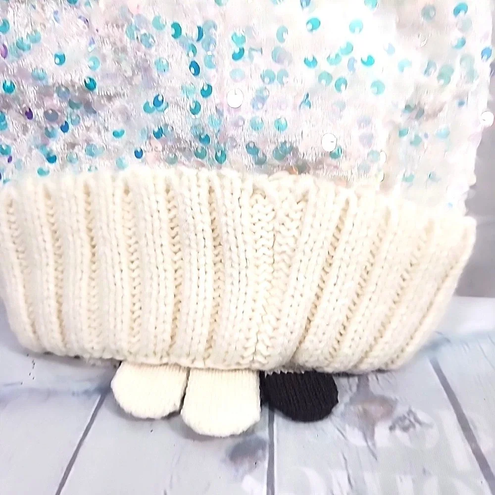Justice Girls White/CRM Sequin Ribbed Beanie w/faux fur & Gloves 2-Piece Set NWT